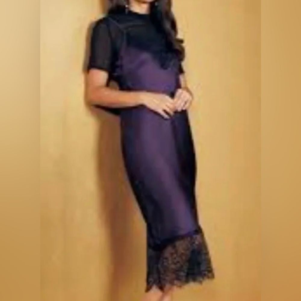 Aubergine and Black slip dress with eyelash lace accents. Size 16. - Picture 8 of 9